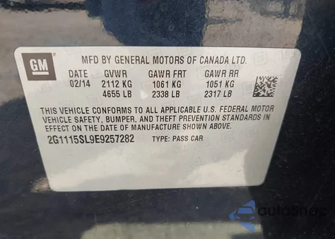 2014 Chevrolet Impala 1Lt from USA, damaged, VIN 2G1115SL9E9257282